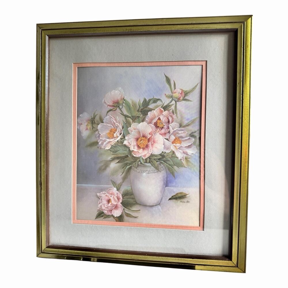 Vintage 1970s Anna Chen Signed Framed Floral Print Gold Frame Cottagecore 16x14